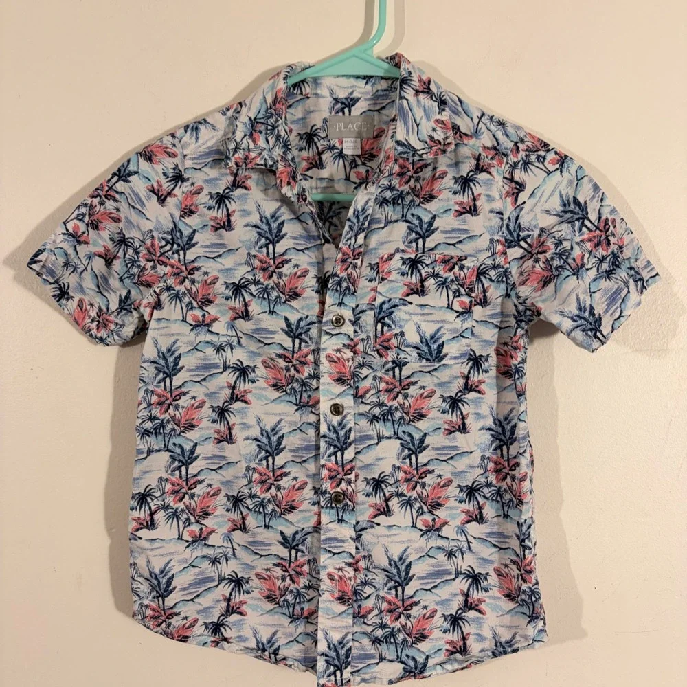 The Children's Place Button Down Shirt Boys M 7/8 Blue Pink Tropical